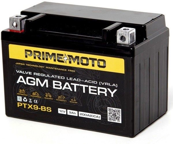 Батарея аккумуляторная PRIME PTX9BS 9А/ч 200А прямая полярн. болтовые мото клеммы